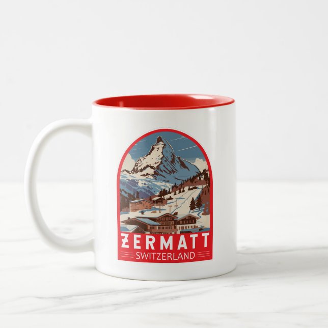 Tasse 2 Couleurs Zermatt Suisse Illustration Voyage Art Retro (Gauche)