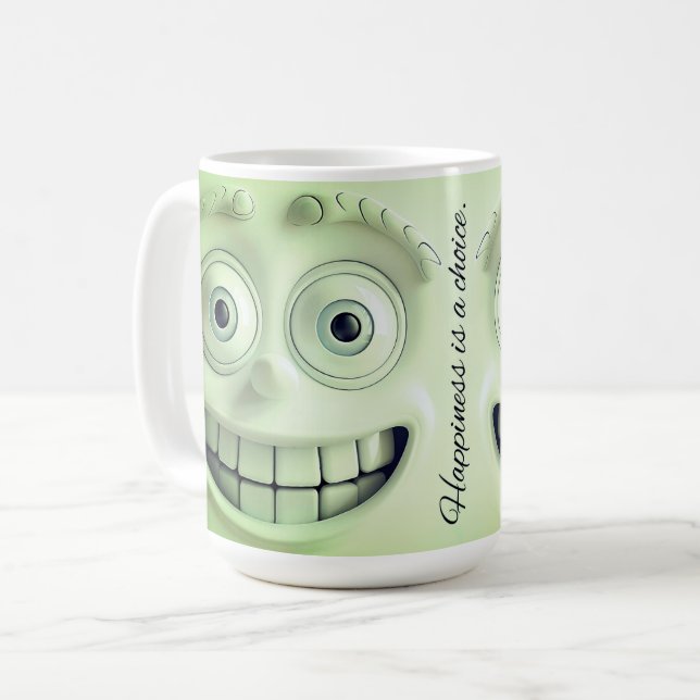 Tasse 3D avec Visage Sarcasique – Le bonheur est u (Devant gauche)