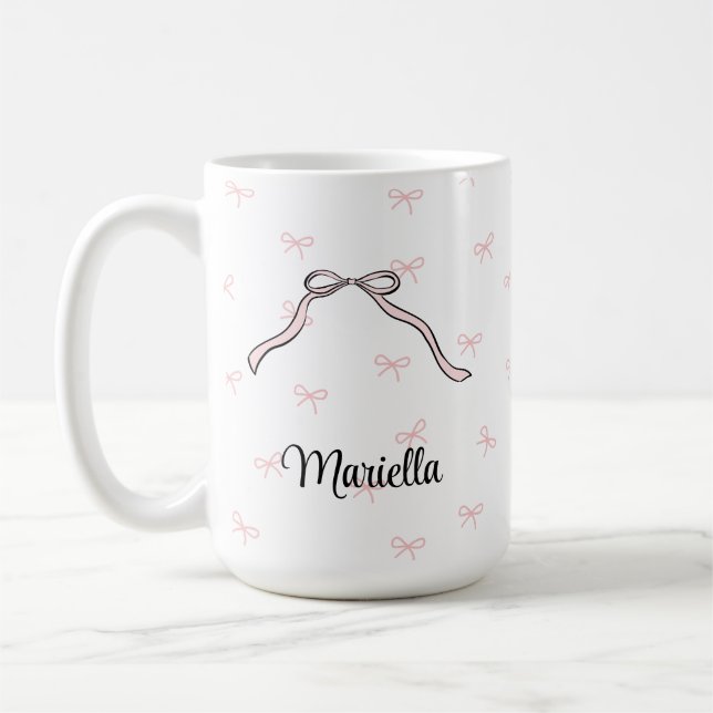 Tasse à café à arc rose Coquette avec nom personna (Gauche)