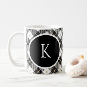Tasse à café à carreaux noir blanc or avec initial