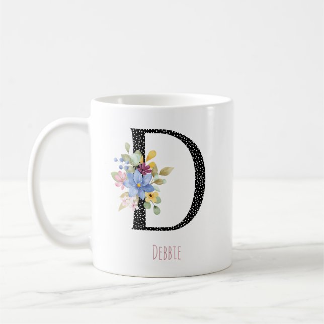 Tasse à café à monogramme D floral noir à pois (Gauche)