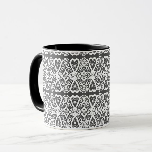 Tasse à café à motif de dentelle grise et blanche (Devant gauche)
