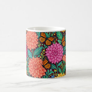 Tasse à café aux papillons et dahlias colorés abst