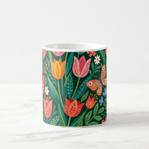 Tasse à café aux tulipes abstraites et papillons