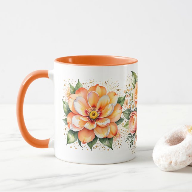 Tasse à café avec arrangement de fleurs à l'aquare (Avec donut)
