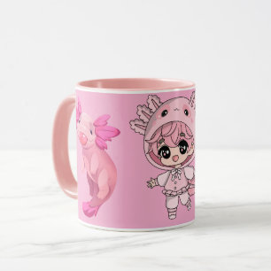 Tasse à café avec Axolotl Rose Mignon Kawaii Chibi