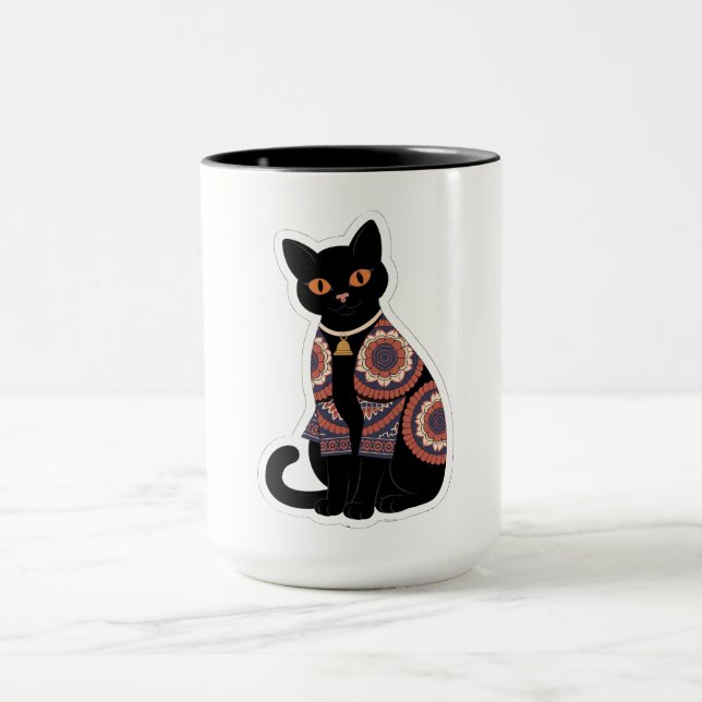 Tasse à café avec collier à cloche pour chat noir  (Centre)