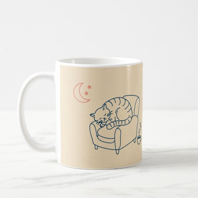 Tasse à café avec dessin au trait de chat endormi  (Gauche)