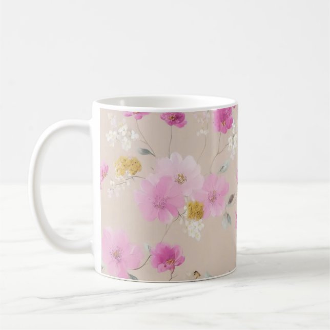 Tasse à café avec fleurs de ton rose (Gauche)