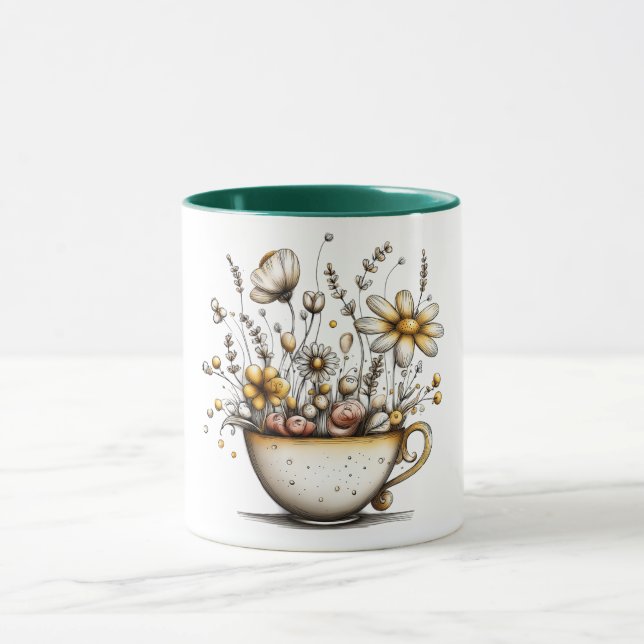 Tasse à café avec motif de fleurs poussant dans la (Centre)