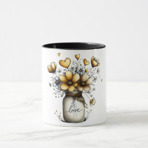 Tasse à café avec pot mason rempli de fleurs