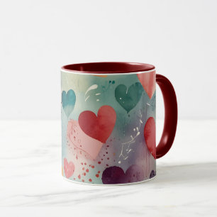 Tasse à café bicolore à cœurs aquarelle artistique