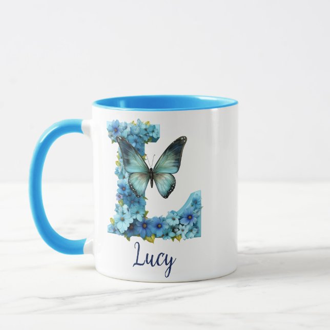 Tasse à café bleu floral monogrammé 11 oz (Gauche)