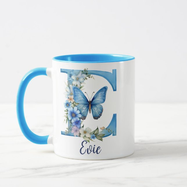 Tasse à café bleu floral monogrammé 11 oz (Gauche)