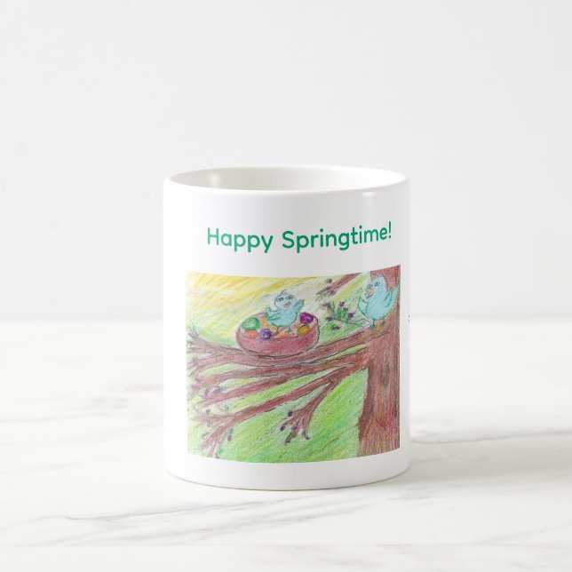 Tasse à café de printemps avec bébé et mère oiseau (Centre)