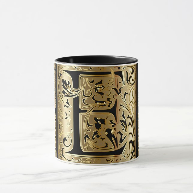 Tasse à café décorative noire et or lettre E (Centre)