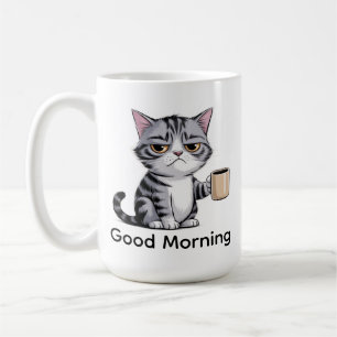 Tasse à café drôle de chat grincheux – “Bonjour” M
