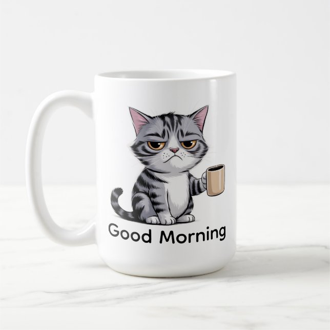 Tasse à café drôle de chat grincheux – “Bonjour” M (Gauche)