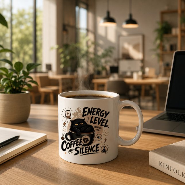 Tasse à café drôle de chat noir pour les introvert (Coffee and silence mug)
