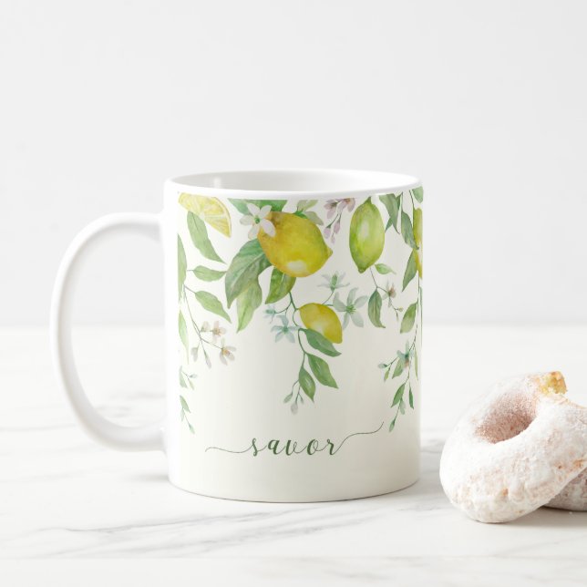 Tasse à café florale au citron aquarelle (Avec donut)