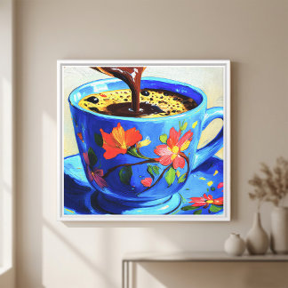 Tasse à café florale bleue moderne sur toile carré
