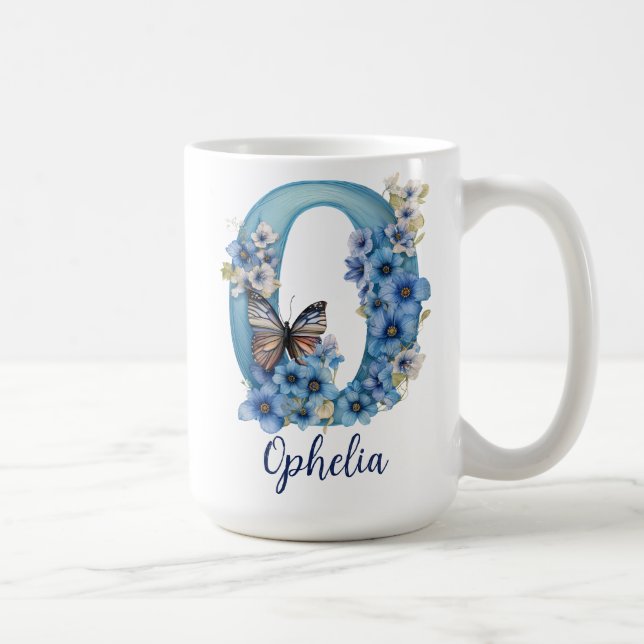 Tasse à café monogramme bleu floral 15 oz (Droite)