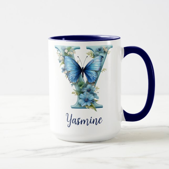 Tasse à café monogrammée bleue florale 15 oz (Droite)