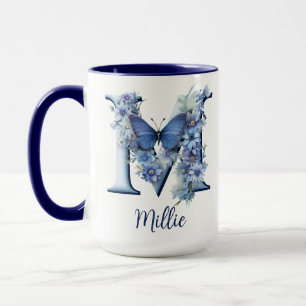 Tasse à café monogrammée Floral Blue 15 oz