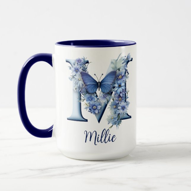 Tasse à café monogrammée Floral Blue 15 oz (Gauche)