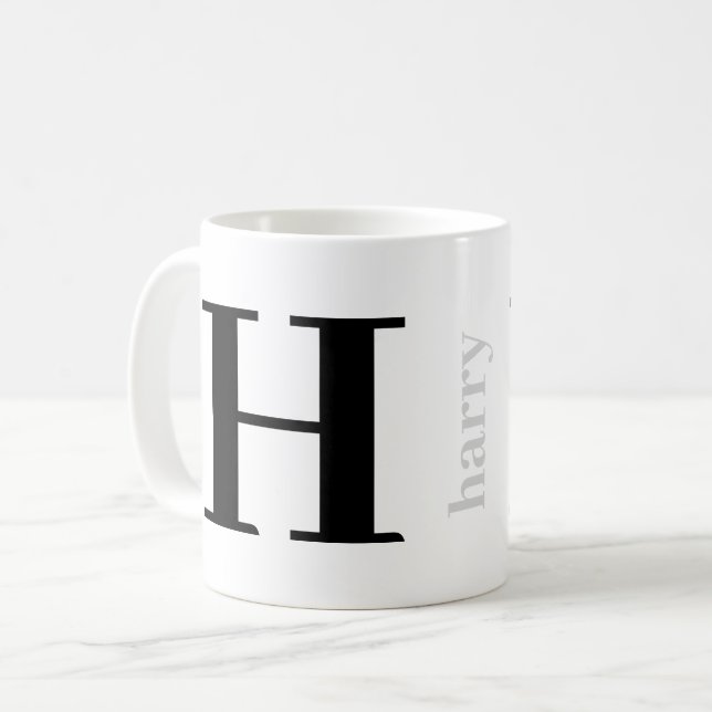 Tasse à café noir argenté avec monogramme moderne  (Devant gauche)