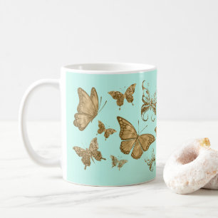 Tasse à café papillon Aqua et Or