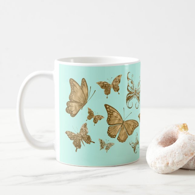 Tasse à café papillon Aqua et Or (Avec donut)