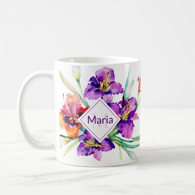 Tasse à café personnalisée Iris aquarelle violette (Gauche)