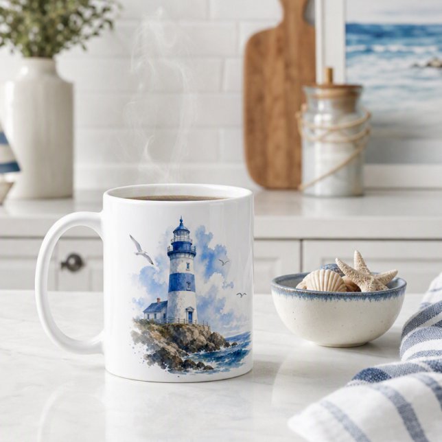 Tasse à café Phare Bleu et Blanc Aquarelle (Créateur téléchargé)