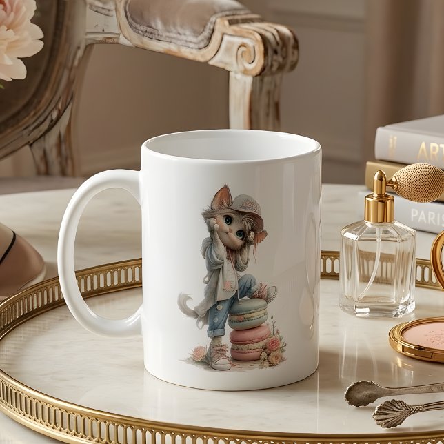 Tasse à Café pour Amoureux de Macarons avec Chaton (Créateur téléchargé)