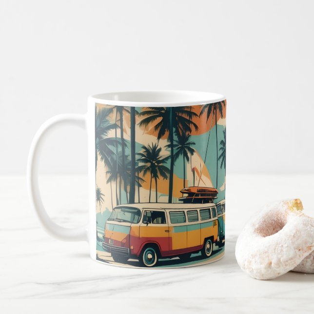 Tasse à café Retro Surf Van & Palmiers | Tropical (Avec donut)