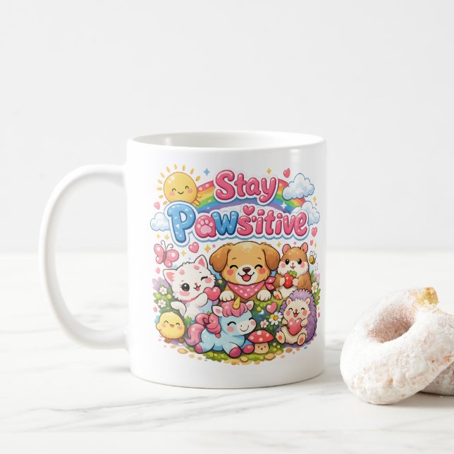 Tasse à café Stay Pawsitive Animaux Mignons Kawaii (Avec donut)