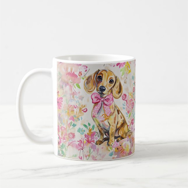 Tasse à café teckel à l'aquarelle Fleurs roses (Gauche)