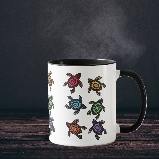 Tasse à café Tortues Abstraites Colorées (Bunch of black abstract turtles with designs and shells in multiple bright colours on coffee mug.)