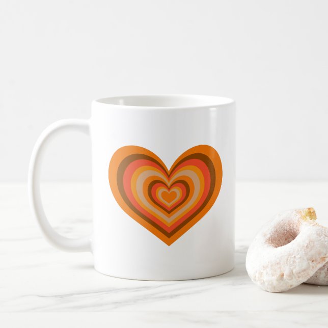 Tasse à cœur rayé rétro - Orange sur blanc (Avec donut)
