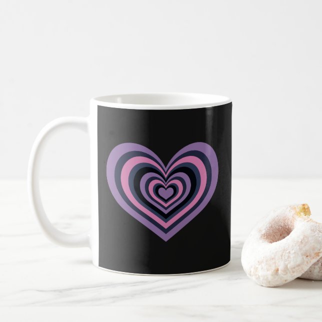 Tasse à cœur rayé rétro - Violet sur noir (Avec donut)