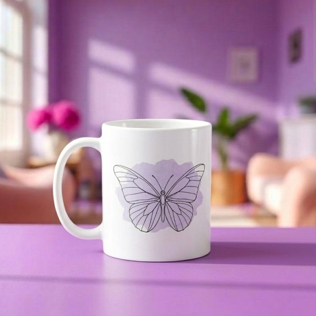 Tasse à eau minimaliste papillon lavande (Aesthetic line art butterfly, purple watercolor coffee mug)