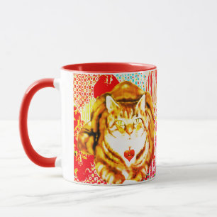 Tasse à fond fantaisiste rouge chat jaune Tigre