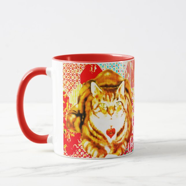 Tasse à fond fantaisiste rouge chat jaune Tigre (Gauche)
