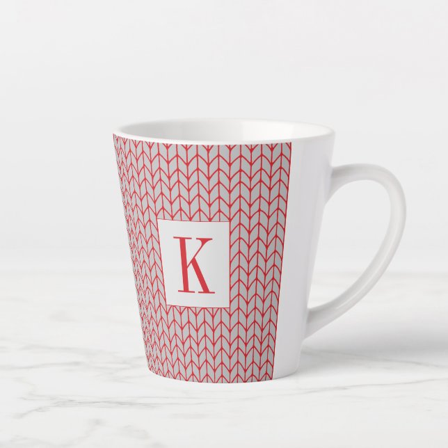 Tasse à latte en tricot gris ROUGE + Initiale (Droite)