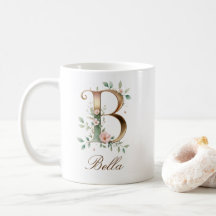Tasse à monogramme B floral or élégant