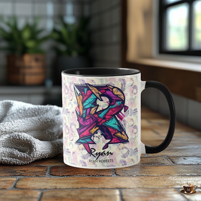 Tasse à monogramme géométrique dynamique - R pour  (Créateur téléchargé)