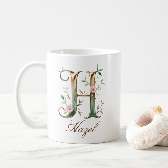 Tasse à monogramme H floral or élégant (Avec donut)