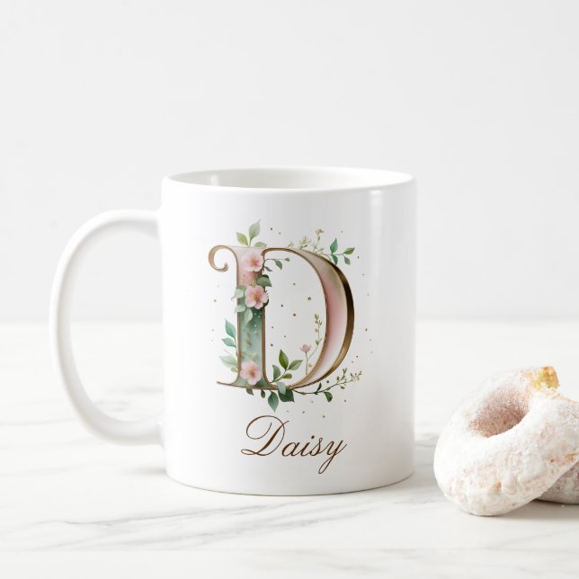 Tasse à monogramme lettre D floral or élégant (Avec donut)