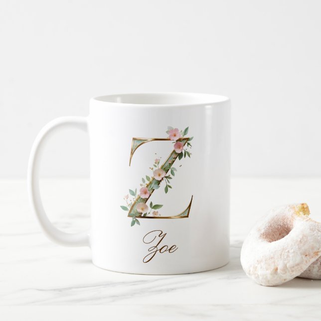 Tasse à monogramme lettre Z florale or élégant (Avec donut)